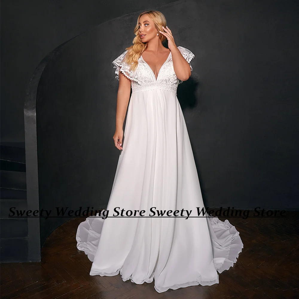 Women Plus Size Wedding Dress Customized V Neck Applique A Line Chiffon Court Train Beach Bridal Gown for Pregnant Bride