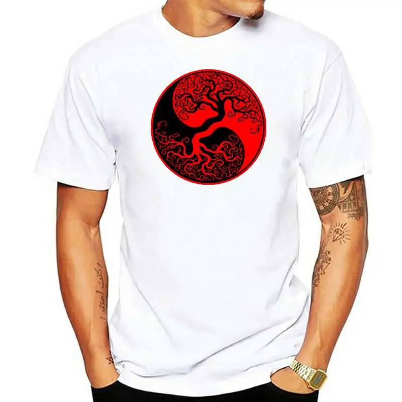 Custom Screen Printed Red And Black Tree Of Life Yin Yang T Shirt Mens Short Sleeved Male Eco Cotton Awesome Plant Tees