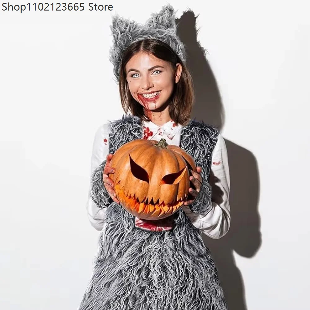 Halloween Werwolf-Kostüm für Damen, Grauer Wolf Cosplay-Set mit Weste, Rock, Ohren und Schwanz, Erwachsenen- und Kinder-Karnevals-Verkleidungsset