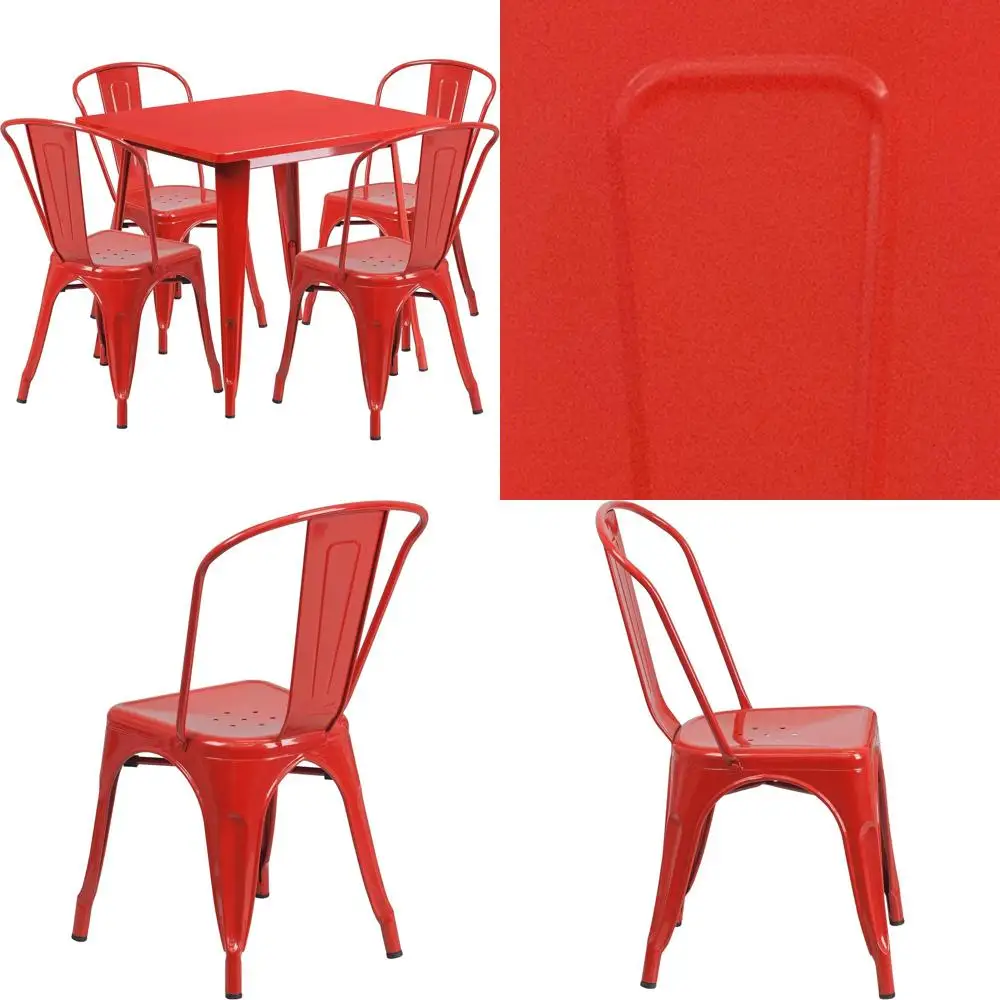 

31.5 Square Red Metal Indoor-Outdoor Table Set with 4 Stackable Chairs