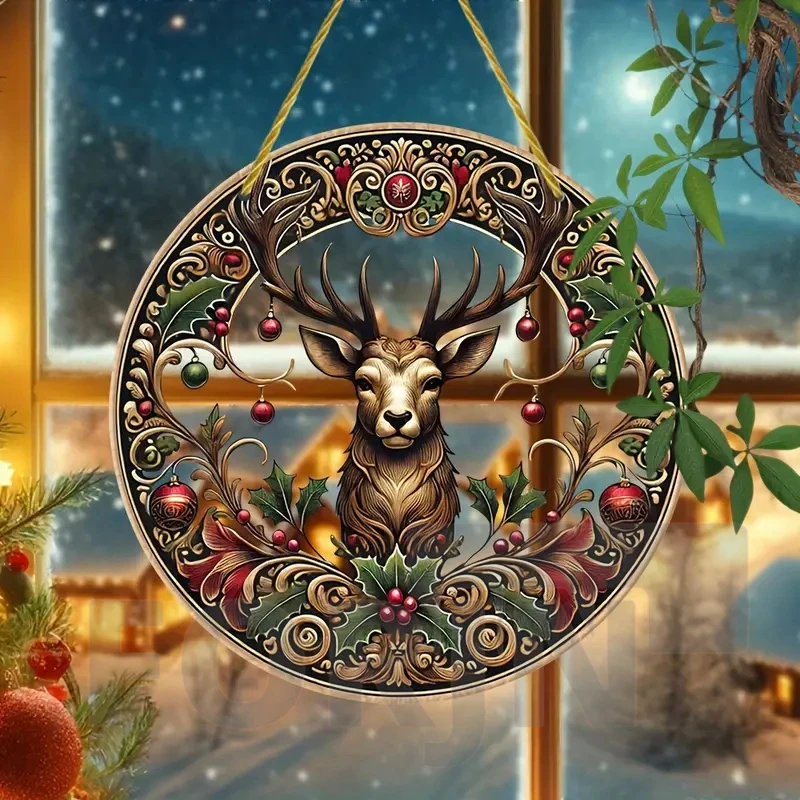 Charming Christmas Reindeer Acrylic Suncatcher,2D Round Translucent Hanging Sign-Perfect for Home,Party,Bar,cafe,window Decor