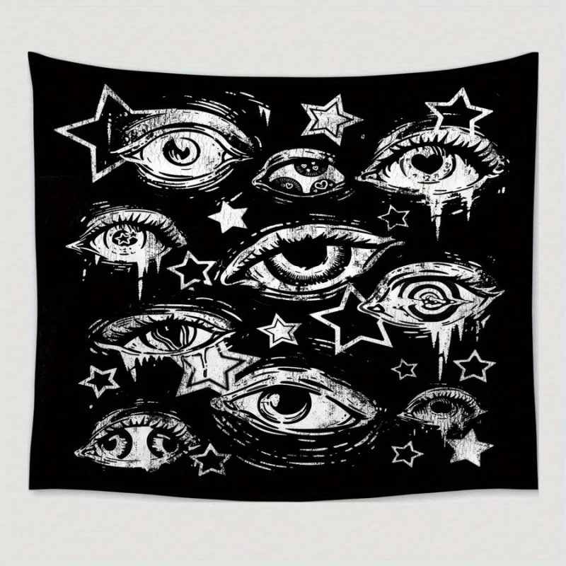VIKAMA Wandteppich mit Sternenaugen in Schwarz und Weiß, minimalistischer handgezeichneter Stil, ideal für die Wanddekoration im Wohnzimmer und Schlafzimmer