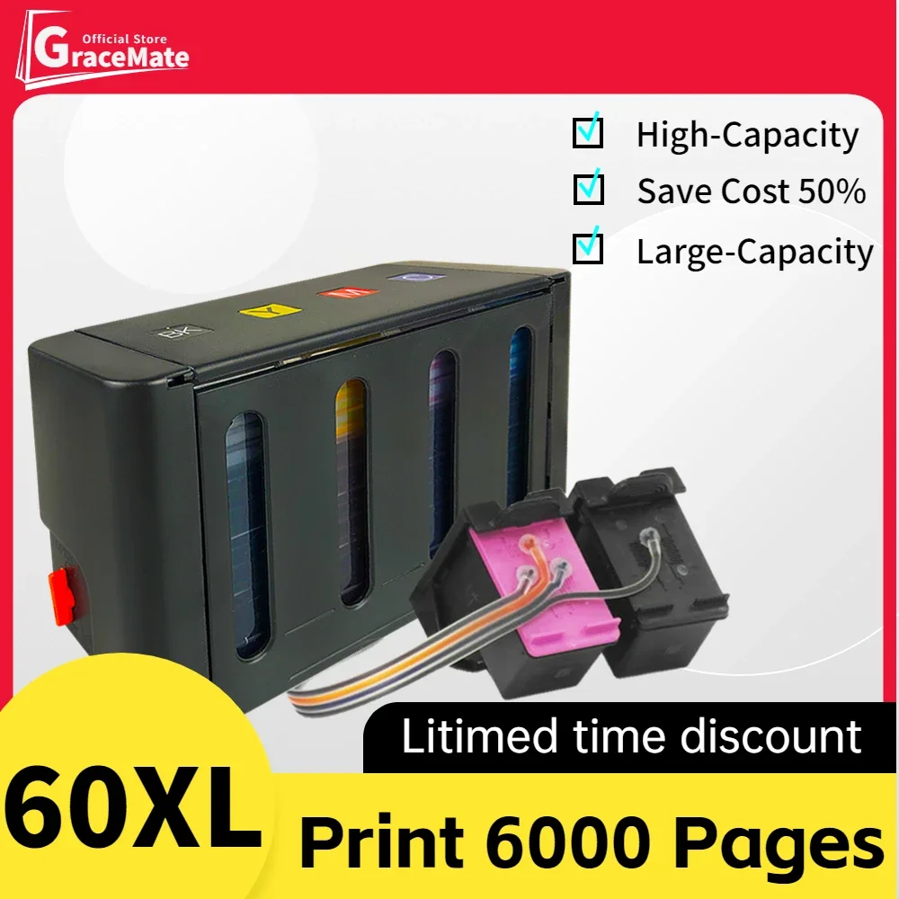 

60XL CISS Bulk Ink Replacement for HP60 HP 60 for F2480 F2420 F4480 F4580 F4280 F4210 D2660 D2530 D2560 C4640 C4680 Printer