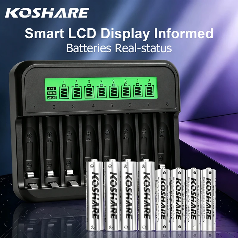 KOSHARE 1.2V Ni-MH Rechargeable Batteries AA/AAA 2800mAh 1000mAh With 8 Slot LCD Smart Battery Charger Independent Fast Charging