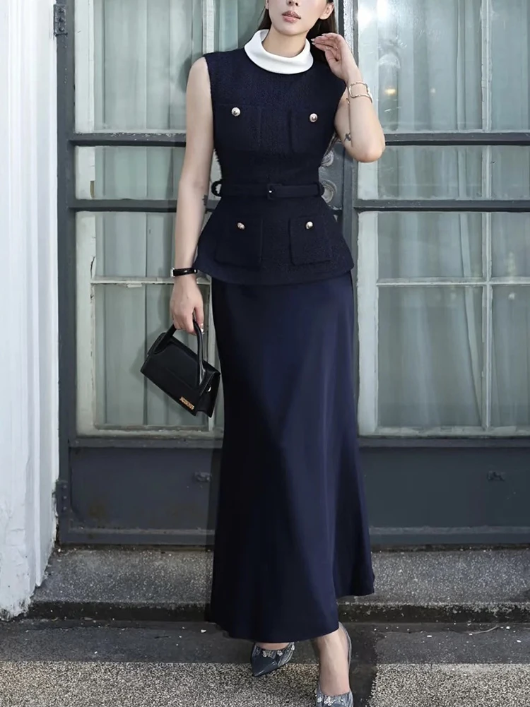 Twee lange mouwloze jurken uit de nieuwe stijl van 2025, met een hoogwaardige en elegante damesachtige stijl, nauwsluitend vest en nep