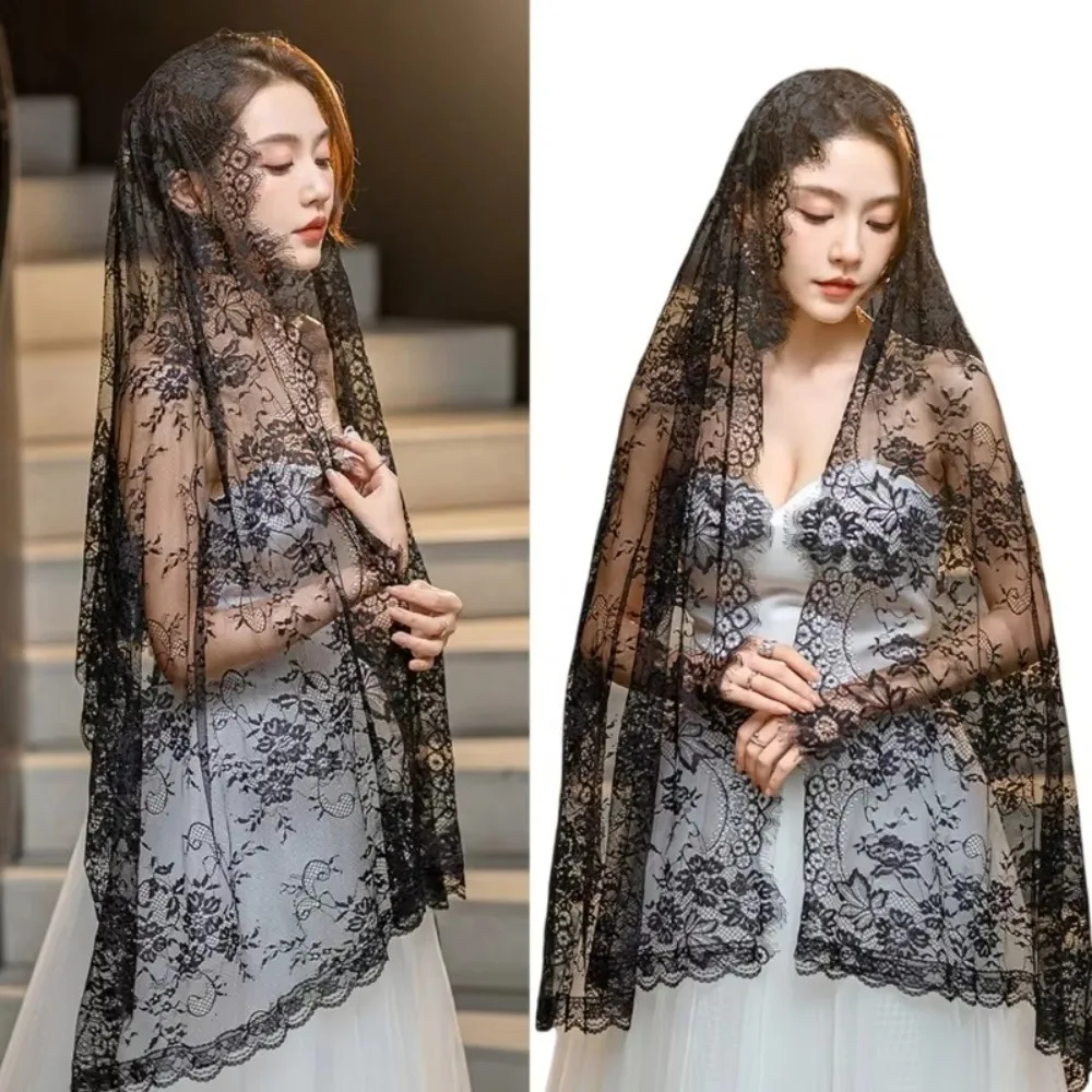 Nuevo Chal de encaje para mujer, velo largo católico con flores, Mantilla negra para cubrir la cabeza de la novia