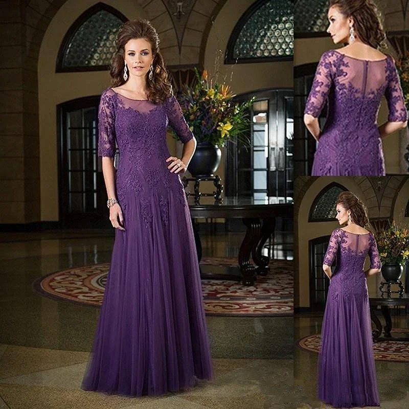 

Appliques Lace Mother of the Bride Dresses Purple Mermaid Wedding Dress 2023 Chiffon Half Sleeve Formal Party Gowns