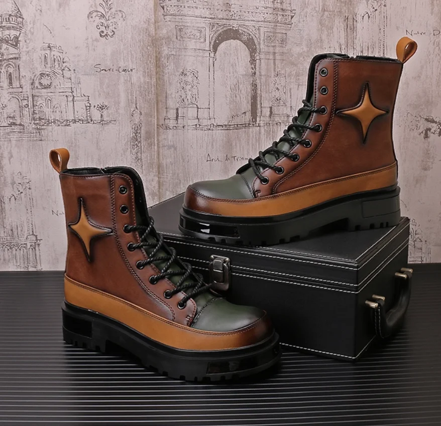 

New autumn and winter mid length boots British style Chelsea high top casual lace up work boots Trend motorcycle men's boots