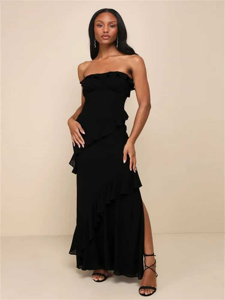 

New Arrival Strapless Boat Neckline Chiffon A-Line Prom Dress Elegant Open Back Keyhole Floor Length Side Slit Gown For Women