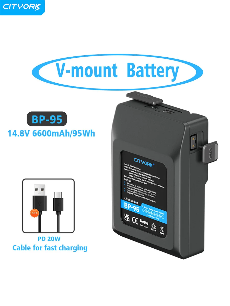    95Wh BP-95 V-Mount-Akku 14,8V V-Lock-Akku 6600mAh Li-Ion-Akku für Sony Videokamera Camcorder Broadcast LED-Licht mit D-Tap-Adapter-Ladegerät