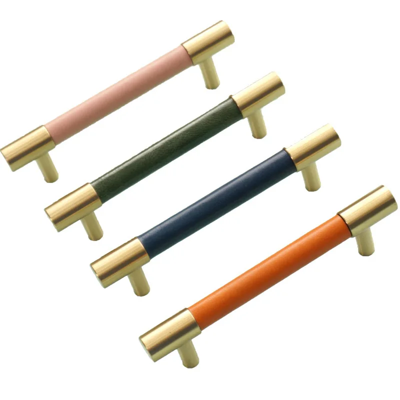 

Solid Brass Genuine Leather Cabinet Handles Colorful Dresser Drawer Door Knobs Wardrobe Pulls Luxury Furniture Handles Hardware