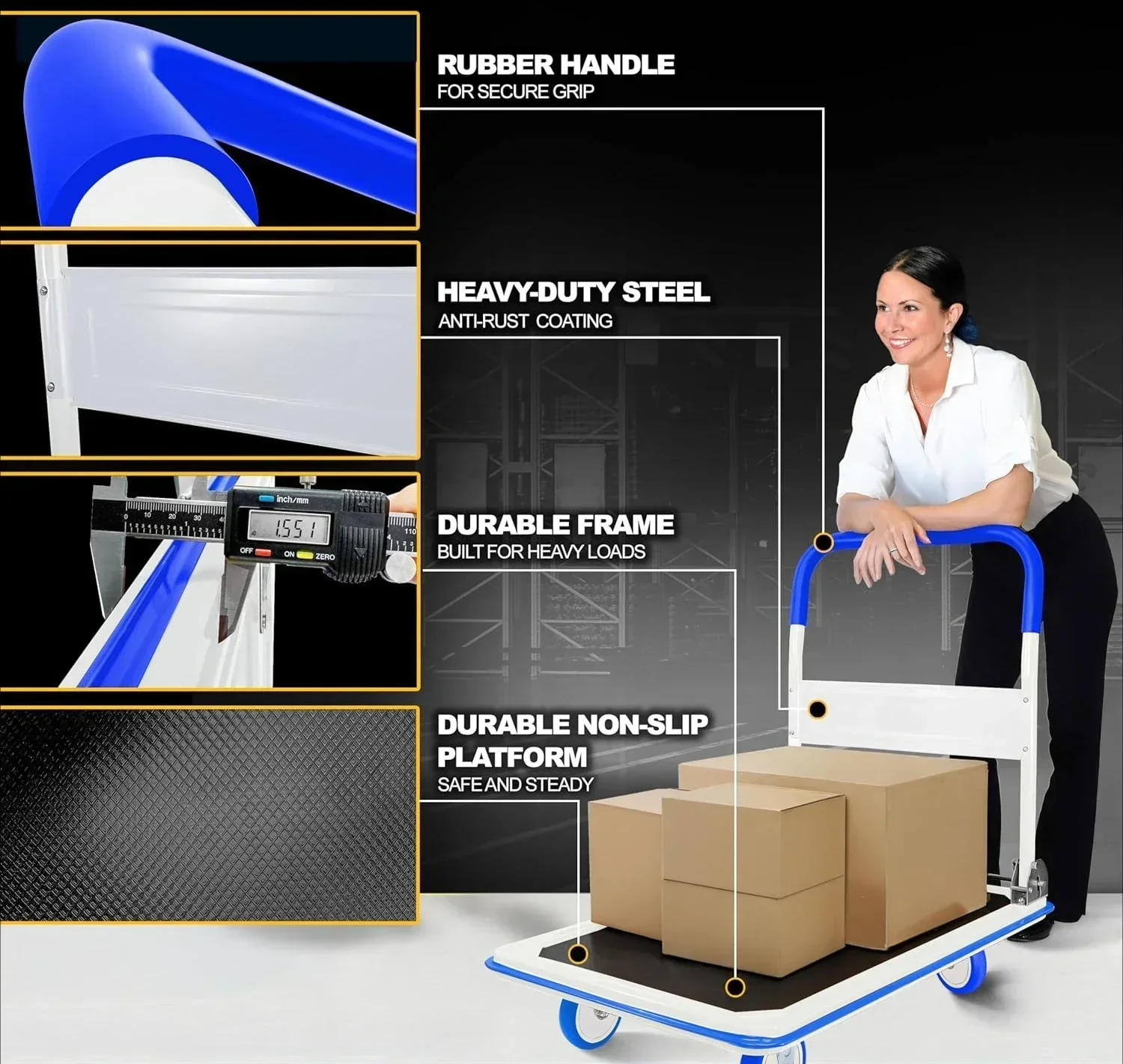 

Хит продаж: Складная тележка-платформа с поворотными колесами на 360 градусов, грузоподъемность 300 кг, синяя.