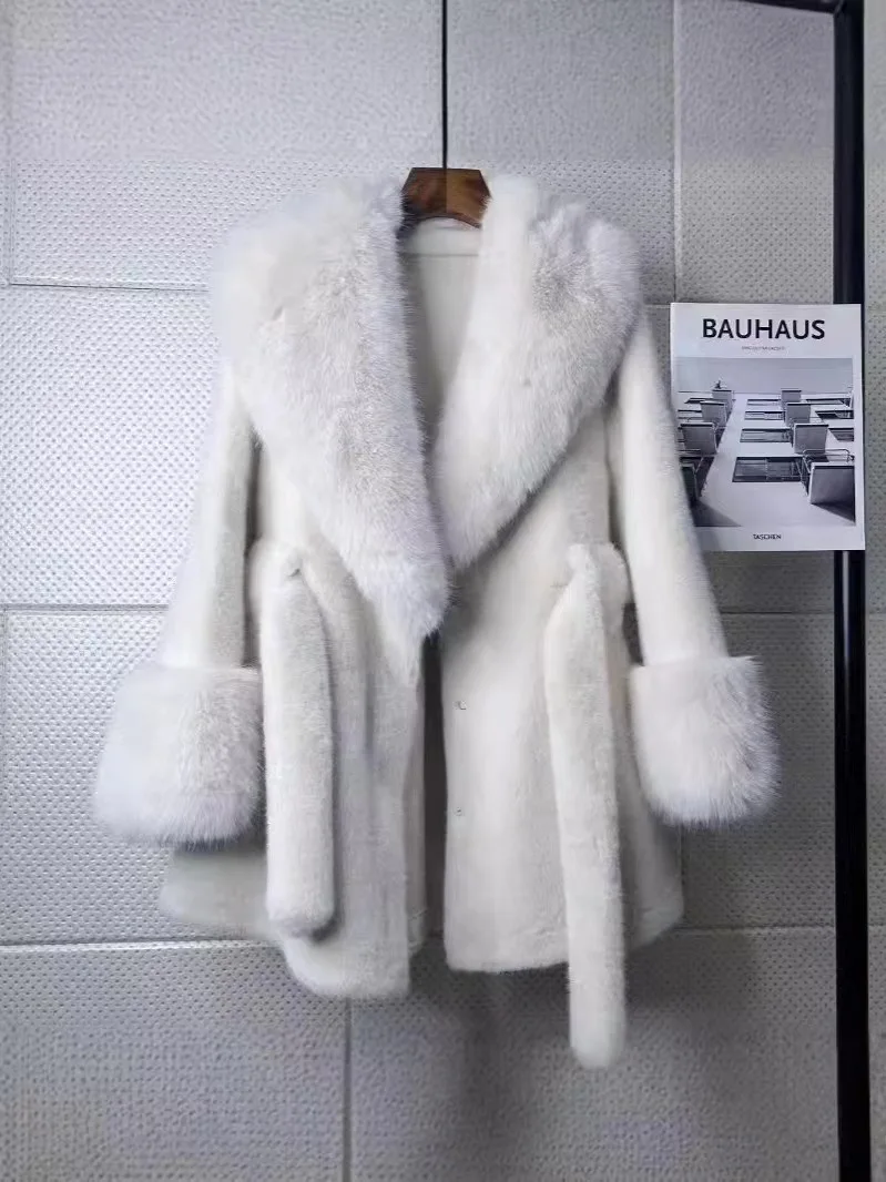 Luxurious Faux Fur Brown Coat Plush V-neck Long Sleeve Loose Warm Jackets Winter Elegance Textured Outerwear with Belt Jacket