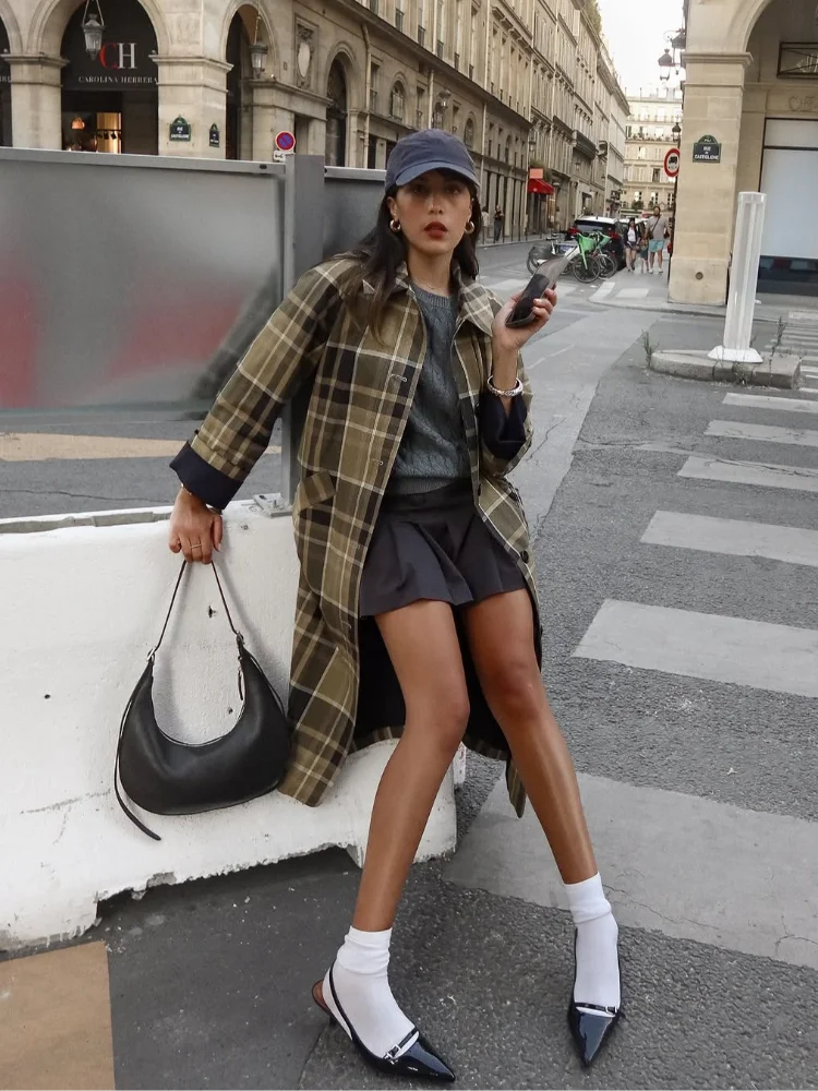 

Women Casual Plaid Long Trench Coat Lapel Full Sleeve Single Breasted Pocket Loose Jacket Autumn Lady Commute Street Outerwear