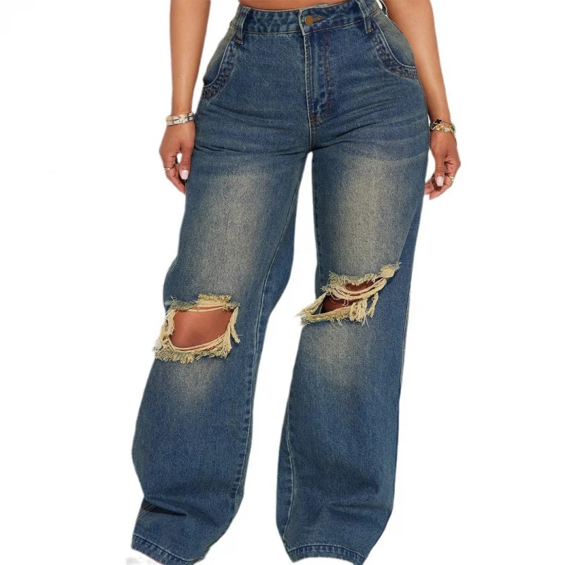بنطال جينز نسائي جديد على الطراز الأوروبي والأمريكي ممزق بأرجل مستقيمة #2