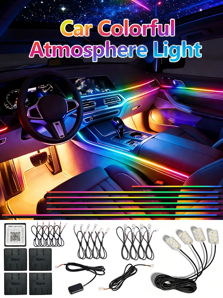 Kit d'éclairage d'ambiance pour voiture BMW 6/10/18 en 1, 64 couleurs RGB, bande LED néon cachée, contrôle par application musicale, lampe d'ambiance intérieure
