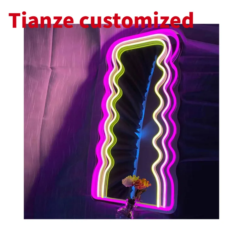 

(customized)Winbo Wavy Mirror Neon Signs Wall Decor Wall Mounted Irregular Decorative Mirrors with Dimmable Decor Neon Light