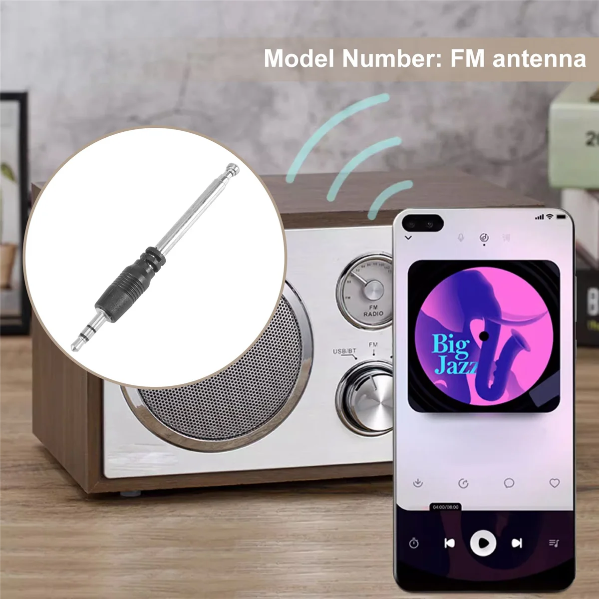 Antena de rádio FM telescópica para celular, equipamento de áudio, Mp3, Mp4, 3,5mm, 4 seções