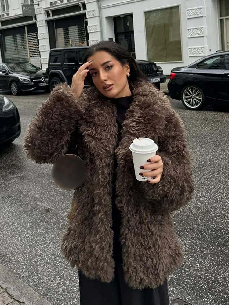 Elegant Women Brown Soft Fluffy Faux Fur Coat Fashion Lapel Long Sleeves Warm Jacket Autumn Winter Lady Commuting Street Outwear