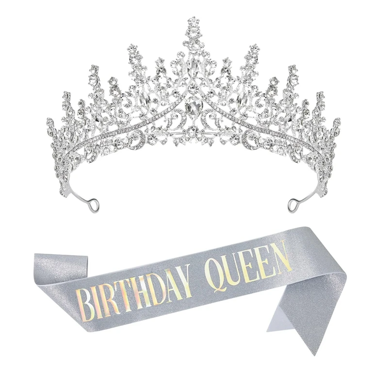 Birthday Crowns For Women Silver Birthday Queen Sash And Tiara Set Rhinestone Princess Headband Reusable For Birth Day Party