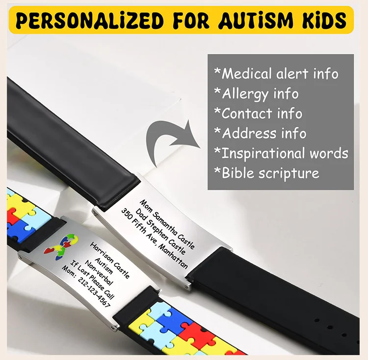 Personalisiertes Autismus-Asperger-Armband für kleine Jungen und Mädchen, graviertes medizinisches Alarm-ID, verstellbares Silikonarmband, graviertes Geschenk – Detail 4