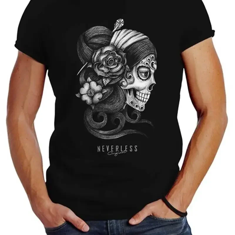 Camiseta masculina Santa Muerte La catrina Caveira Mexicana Dia de los Muertos Tattoo