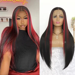 Perruque Lace Front Wig lisse à reflets bordeaux pour femme, perruque ombrée, rouge, perruque mixte, perruque noire avec cheveux de bébé, perruque en fibre de degré de chaleur, 13x4