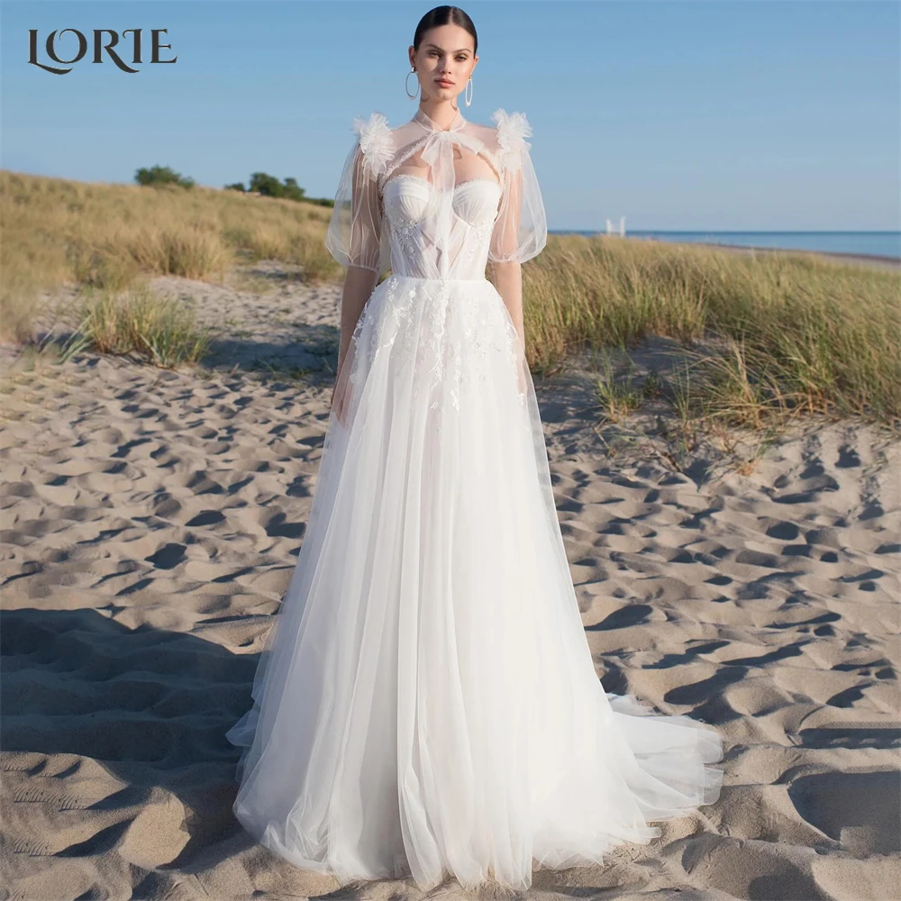 LORIE Boho Lace Wedding Dresses Off Shoulder A-Line 3D Flowers Appliques Bridal Gowns With Coat Backless Princess Bride Dress