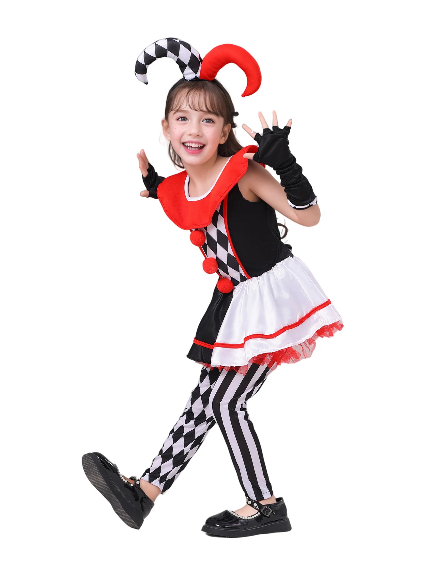 Girls Poker Pattern Jester Clown Cosplay Dress Outfit Kids Halloween Carnival Party Costume