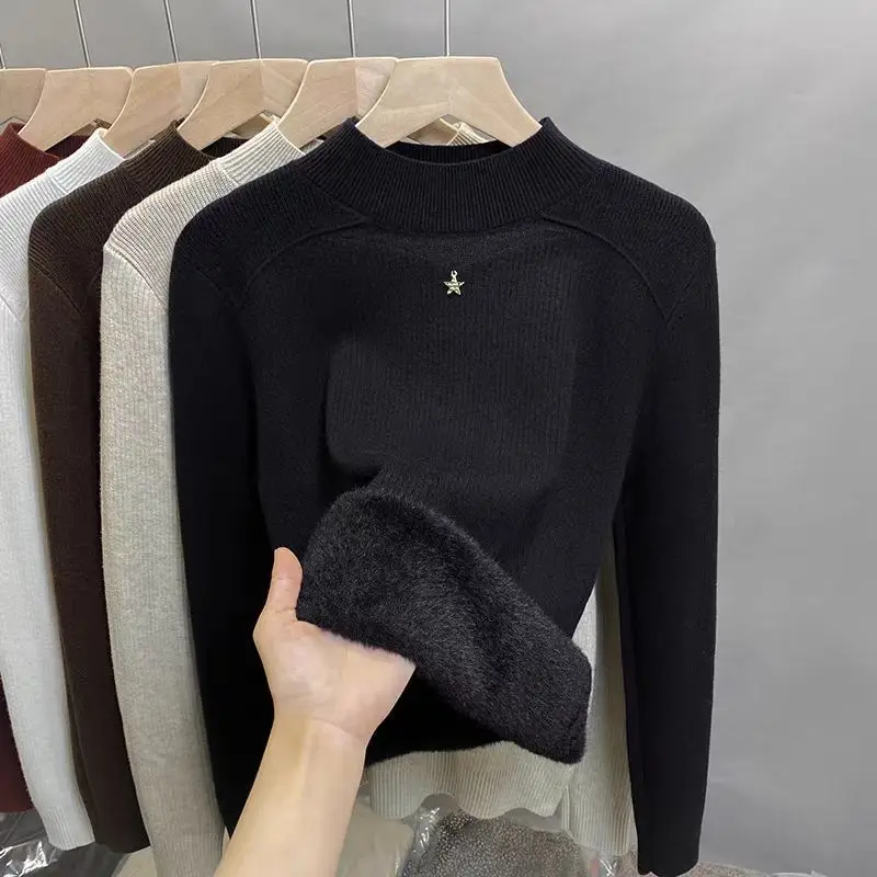 Autumn Winter Semi High Neck Women Sweater Thick One-piece Solid Cashmere Lining Knitted Base Sweater Warm Women Top