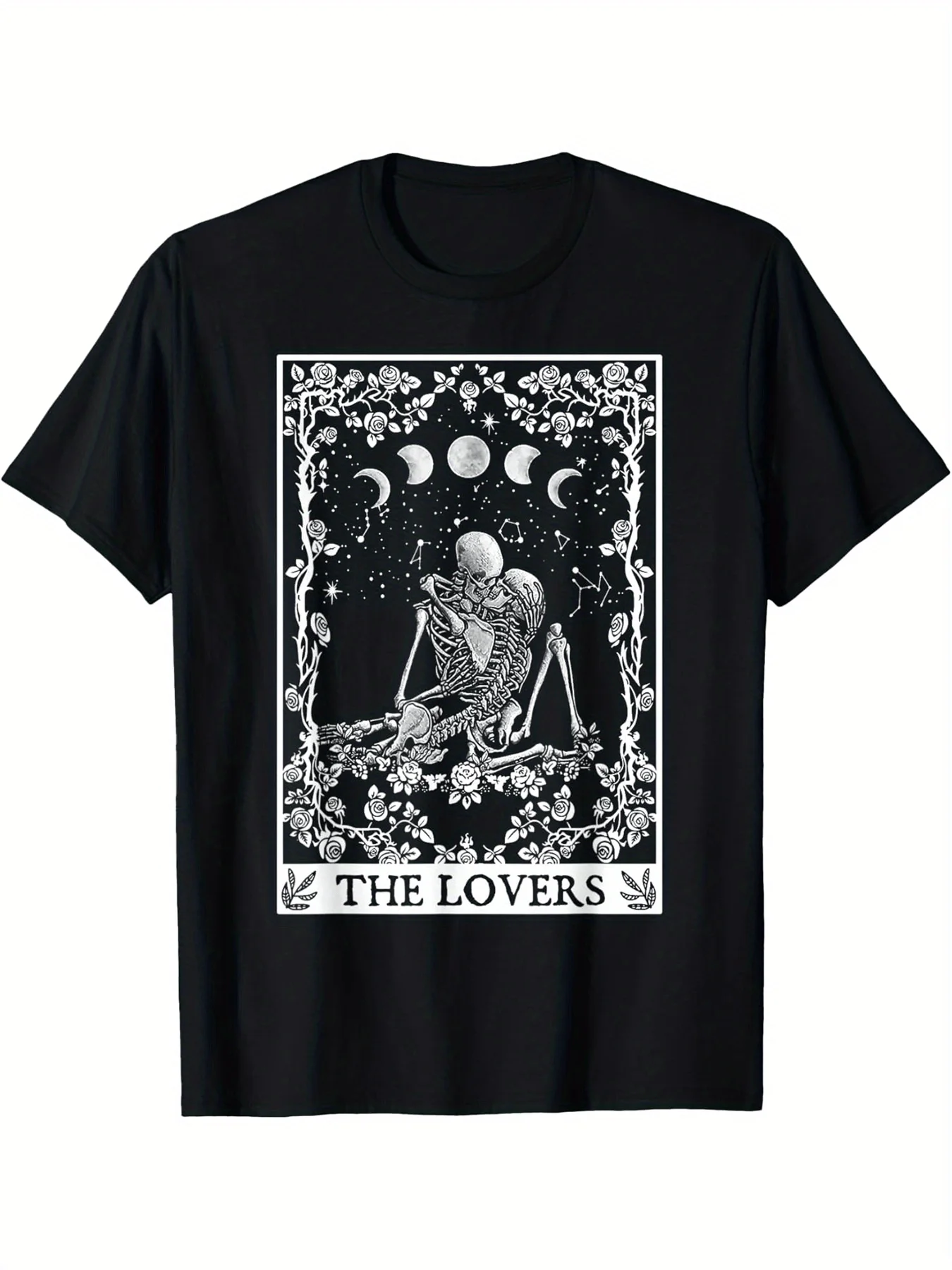 

Men's Gothic Tarot Skeleton Lovers Graphic T-Shirt - Black Short Sleeve Casual Tee with Celestial Floral Design