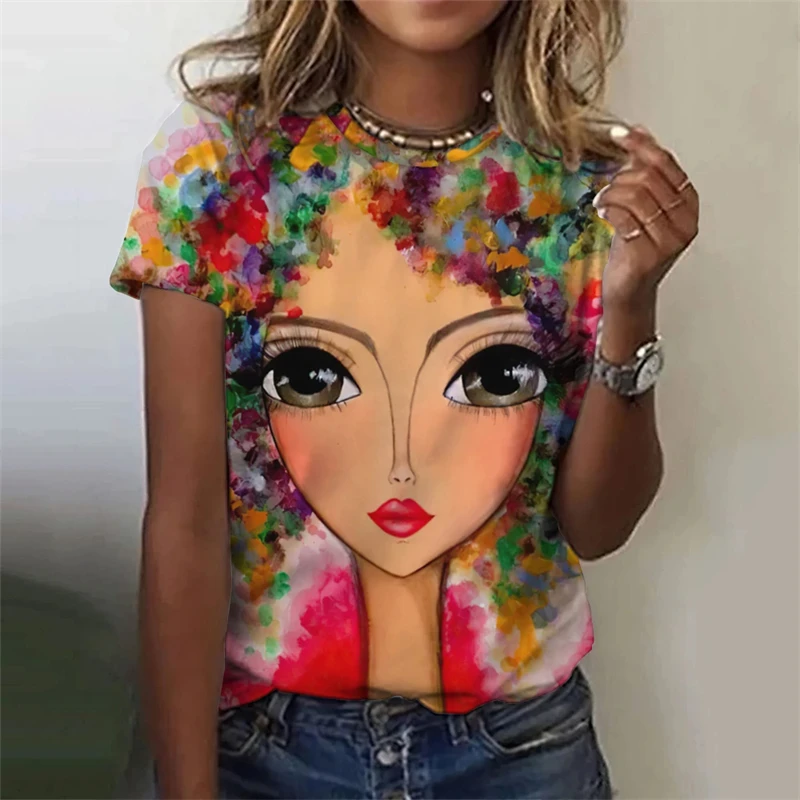 Summer Fashion Top Women 3d Floral T-Shirts Girls Face Painting Harajuku Colorful Beautiful Short Sleeve Tees Oversized Clothing