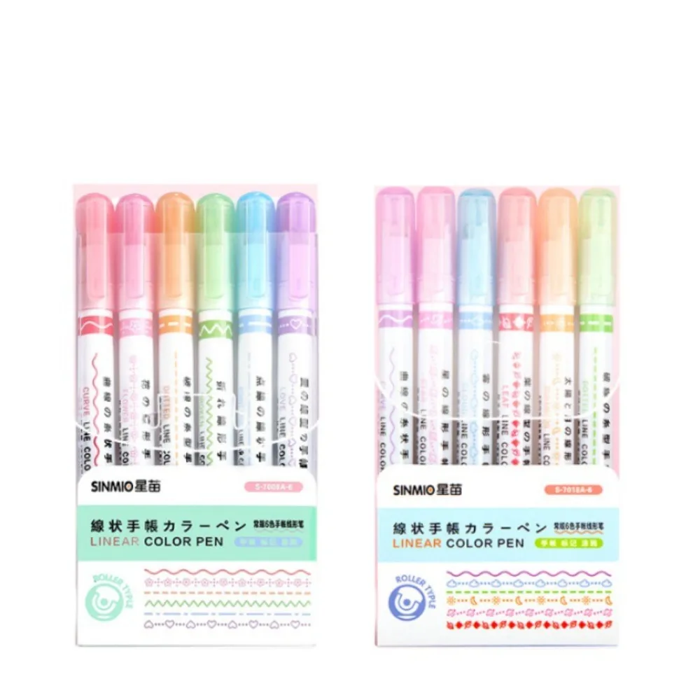 6Pcs/Set Heart Line Shaped Highlighter Sweet Flower Star Shaped Drawing Diary Marker Pen Kawaii Colorful