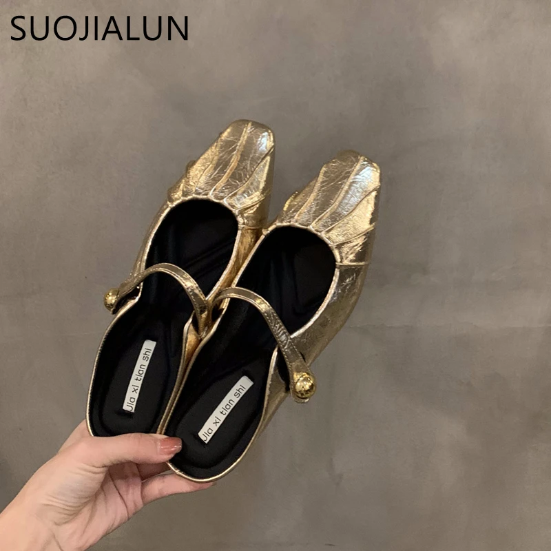 SUOJIALUN 2024 Spring New Brand Women Slipper Fashion Pleated Round Toe Slip On Mules Shoes Round Toe Outdoor Dress Sandal Shoes