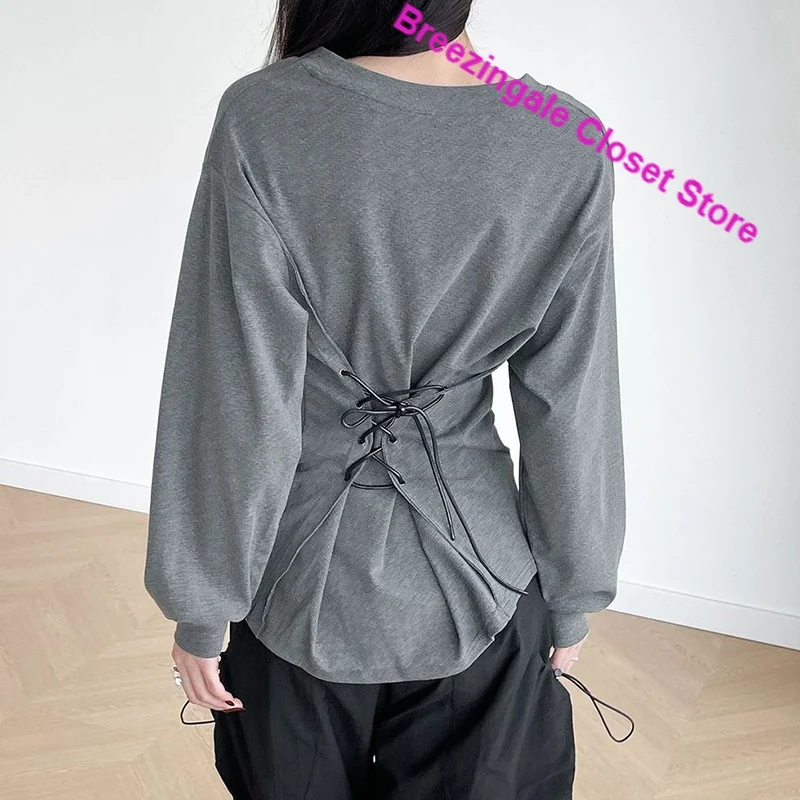 American solid color back strap waist solid color sweater women's spring and autumn new fashion slim long-sleeved V-neck top
