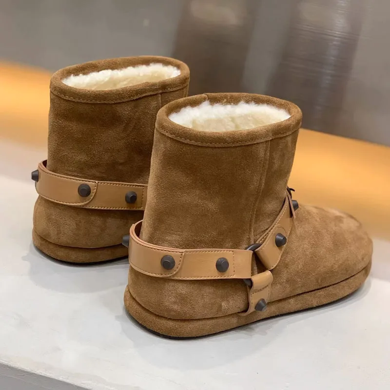 حذاء قصير من الجلد الطبيعي عالي الجودة حذاء نسائي مسطح غير رسمي حذاء دافئ من الصوف #6