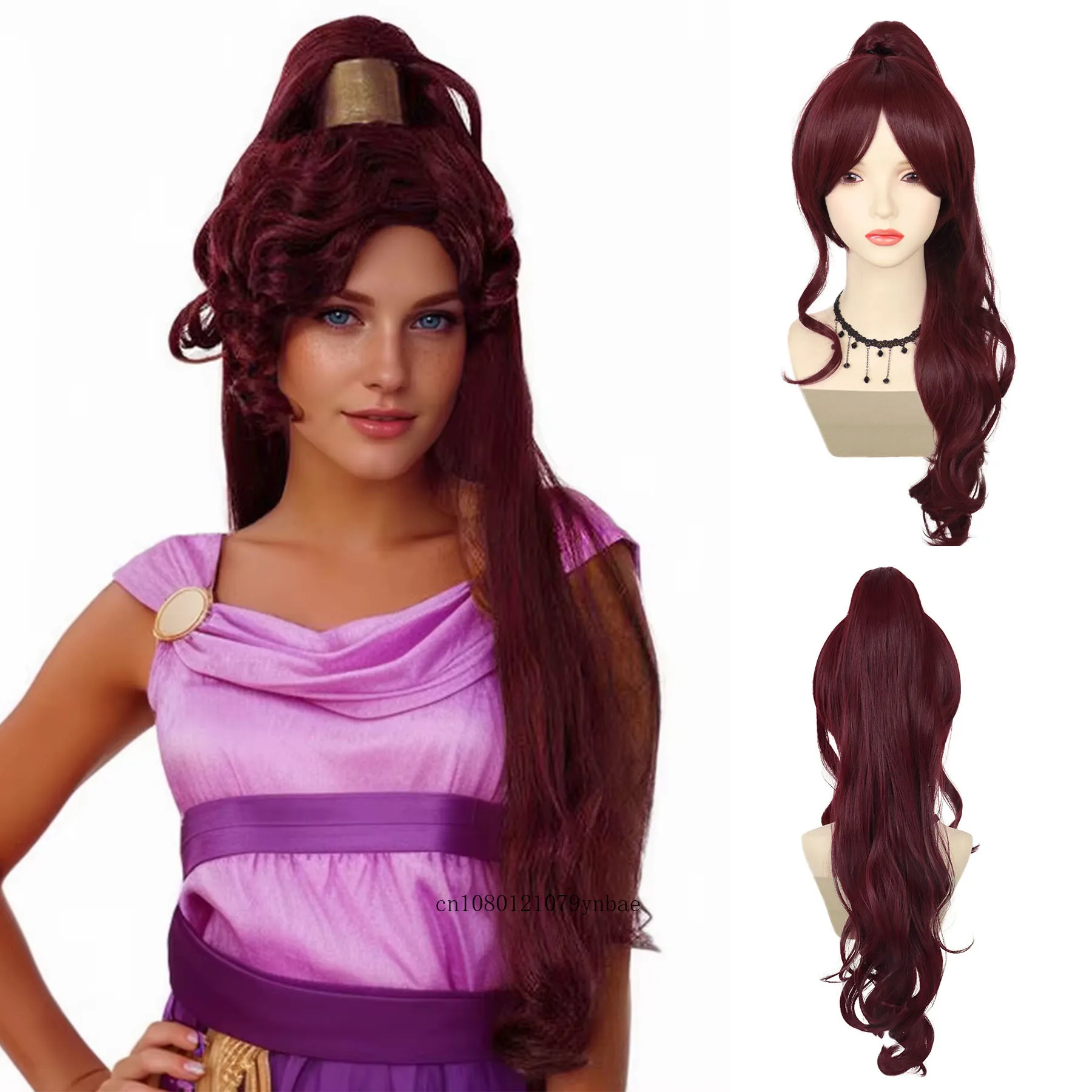 Synthetic Wine Red Princess Cosplay Wigs for Women Long Wavy Wig with Ponytail Halloween Costume Anime Themed Party Daily Use