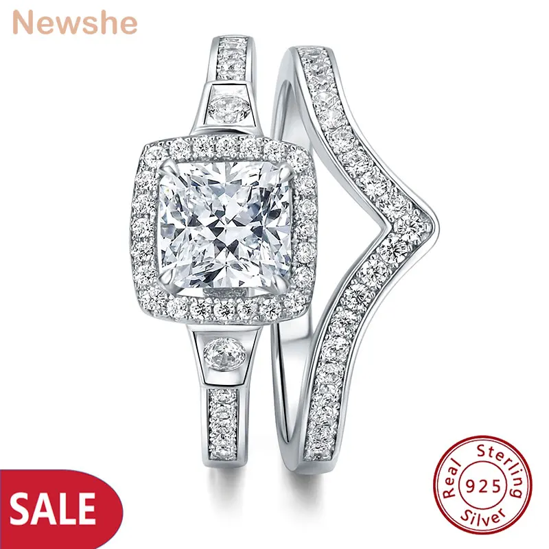 

Newshe оригинальные обручальные кольца из серебра 925 пробы для женщин 6*6 мм Halo Cushion CZ комплект колец Wish обручальное кольцо распродажа
