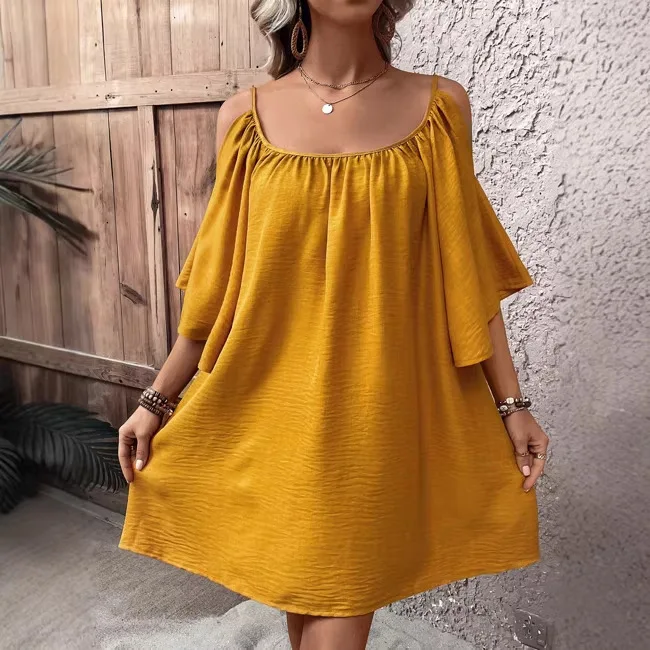 

2026 Off-the-shoulder Mini Dress Summer Sea Casual Thin Shoulder Strap Doll Skirt Vacation Seaside Skirt