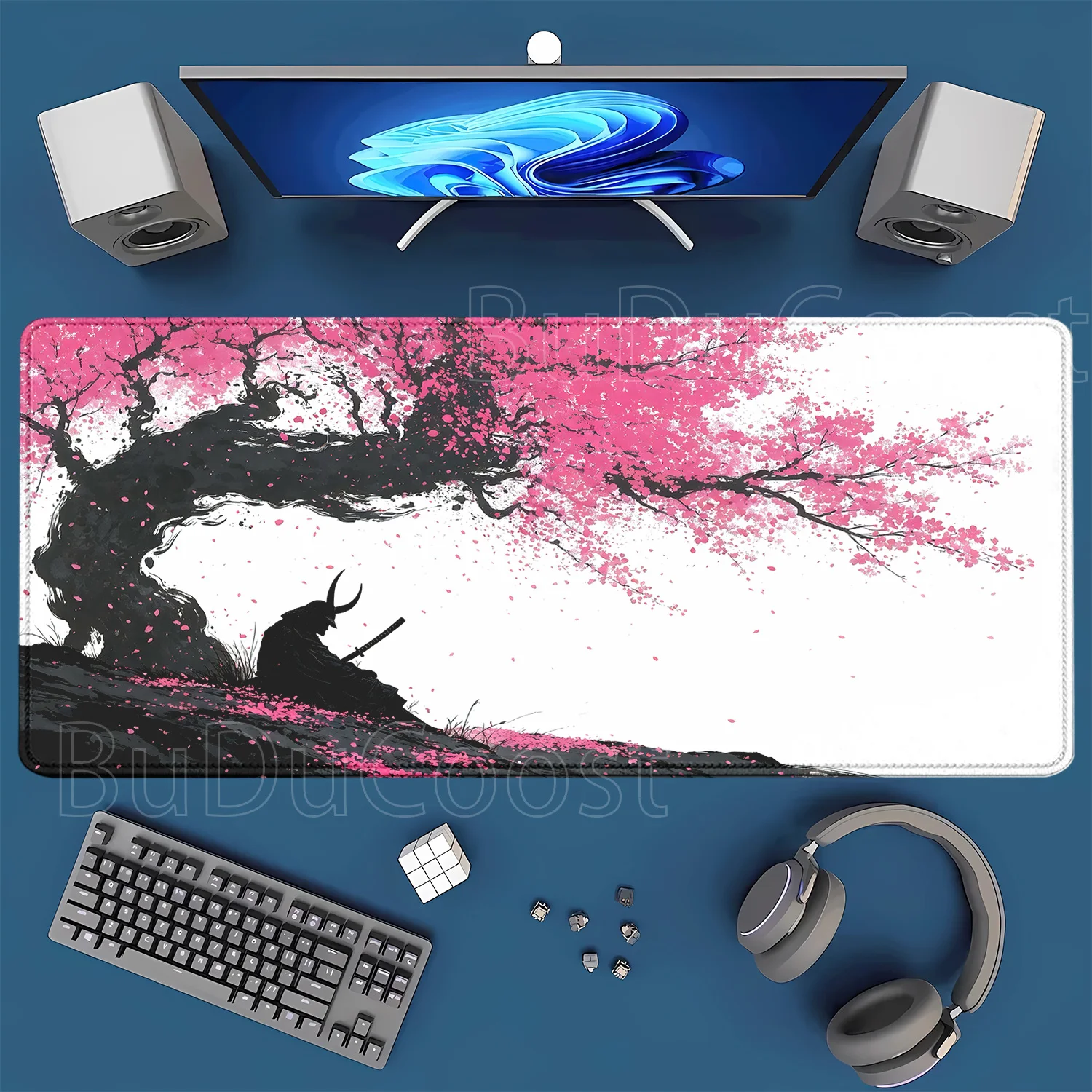 Großes Mauspad Sakura Kirschblüte Samurai Mauspad Gaming Büro Mausmatte Kawaii Gummi Tastatur XXL HD-Druck Schreibtischunterlage – Detail 3