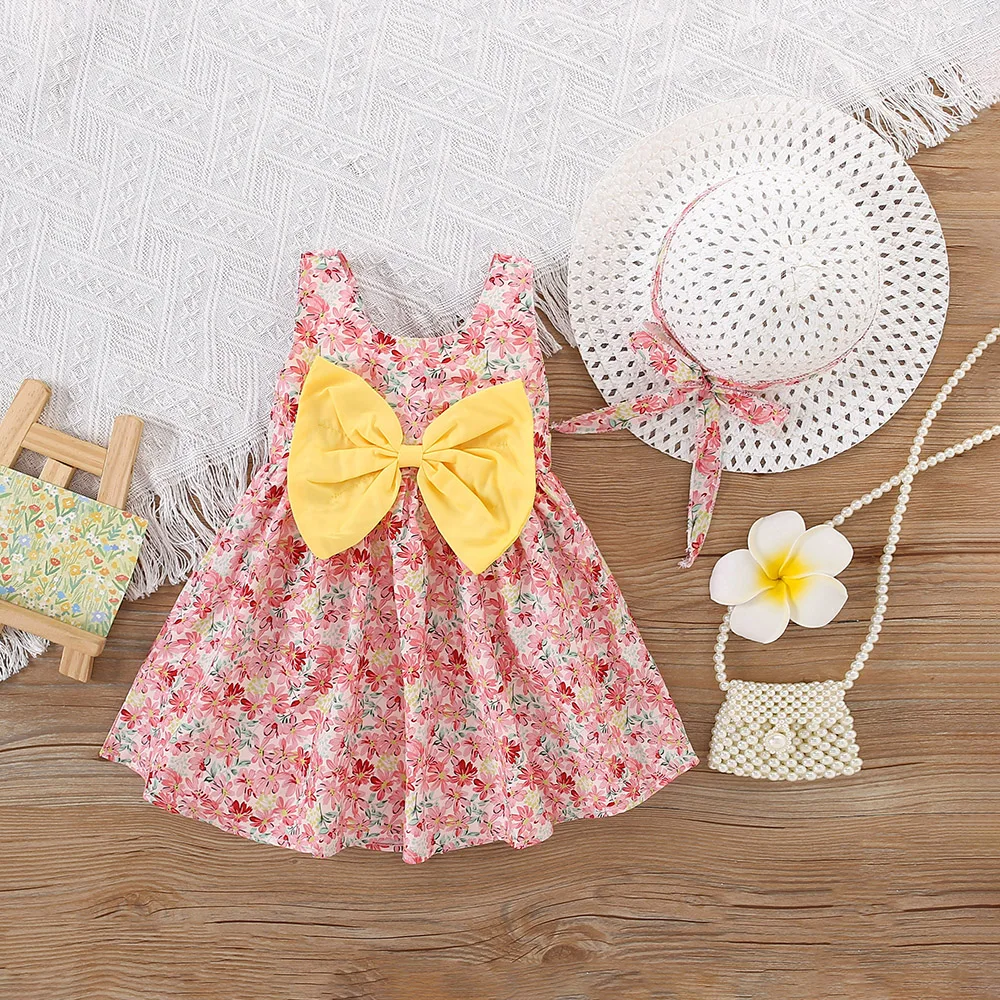

Baby Girl Clothing Summer Bow And Daisy Pattern Halter Cute Baby Girl Dress Casual Beach Girl Kid's Dress With Hat
