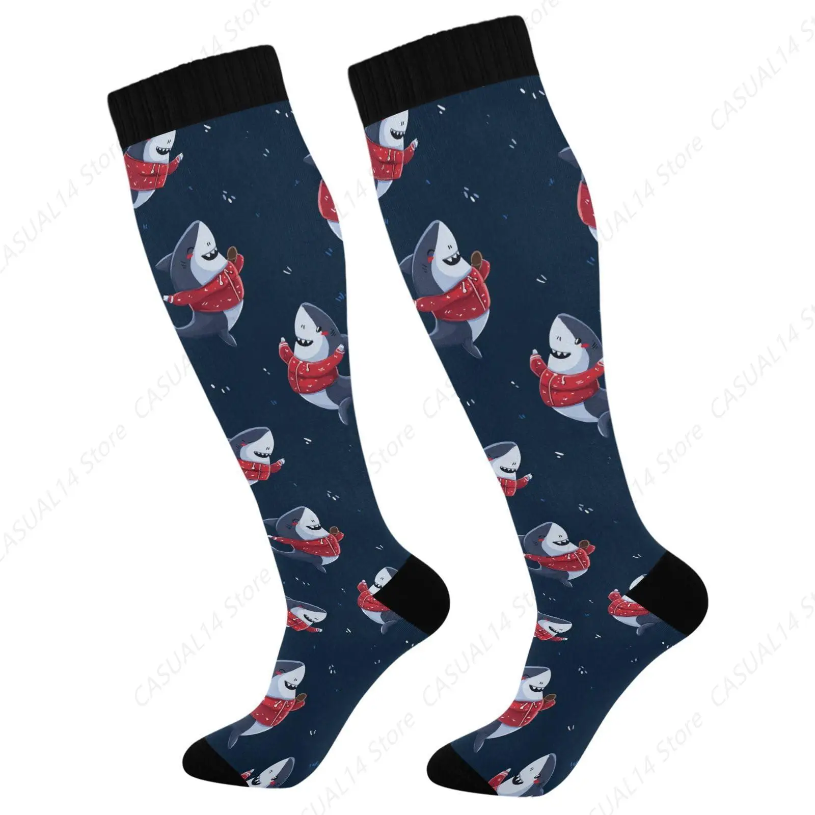 

Lovely Cartoon Sharks Compression Socks Knee High Socks for Women & Men 15-20 mmHg Support for Athletic