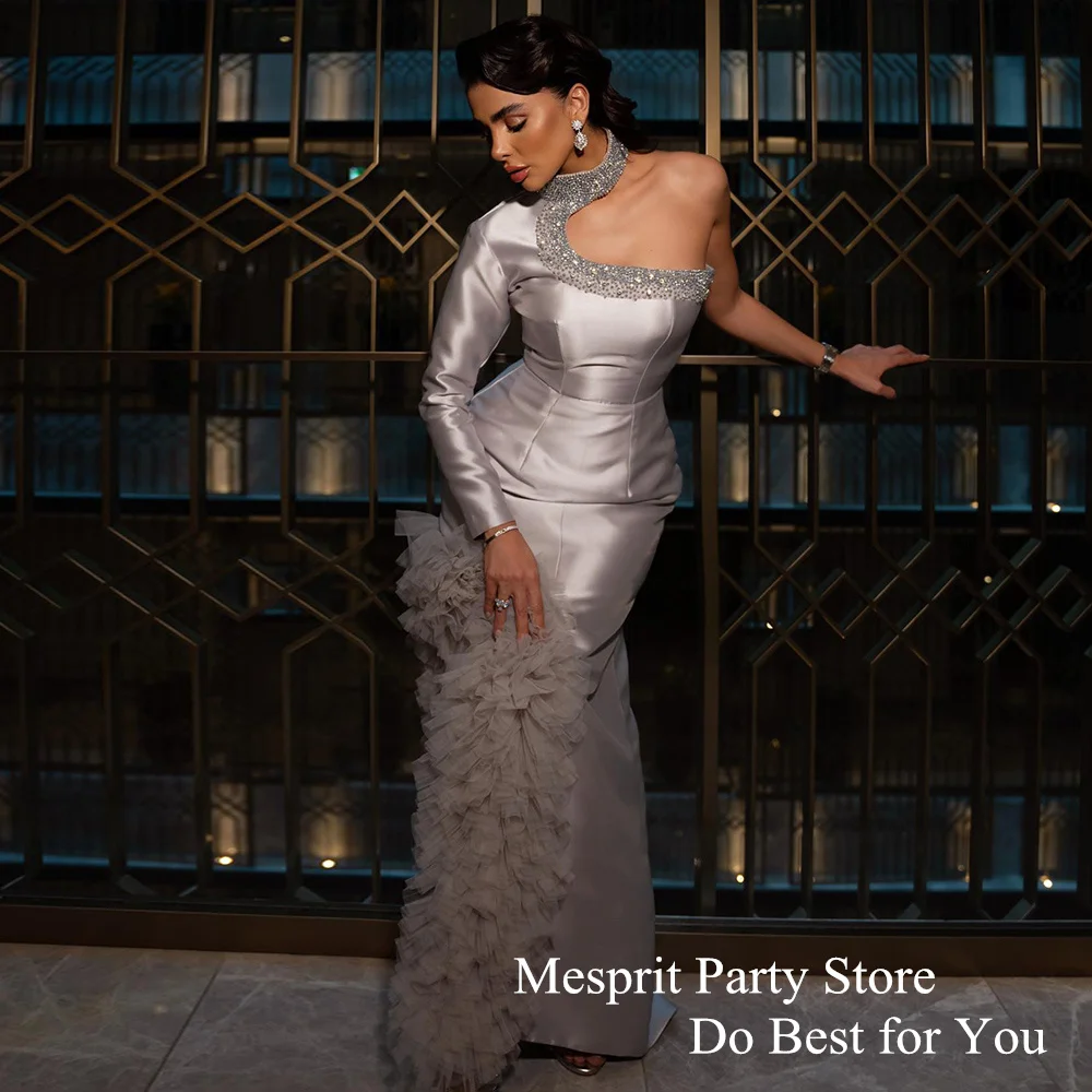 

Fashion Prom Dress Halter Long Sleeve Beading Sequined Ruffles Tulle Satin Mermaid Evening Dresses Wedding Party Gown