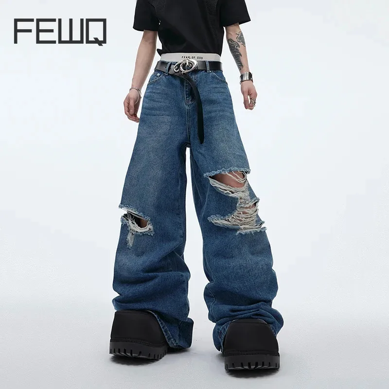 

FEWQ Men's Jeans Summer New Stylish Hole Broken Tassel Wide Legged Jeans Dragon Embroidery Loose Denim Pants 2024 Tide 24Y167