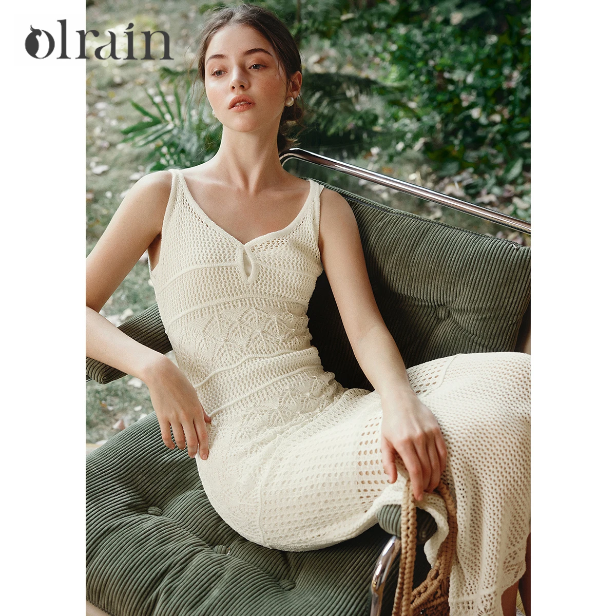 

OLrain Women summer dresses 2025 New French Fashion temperament Simple Hollow Knitted Suspender Dress Waist Thin O57XL98033