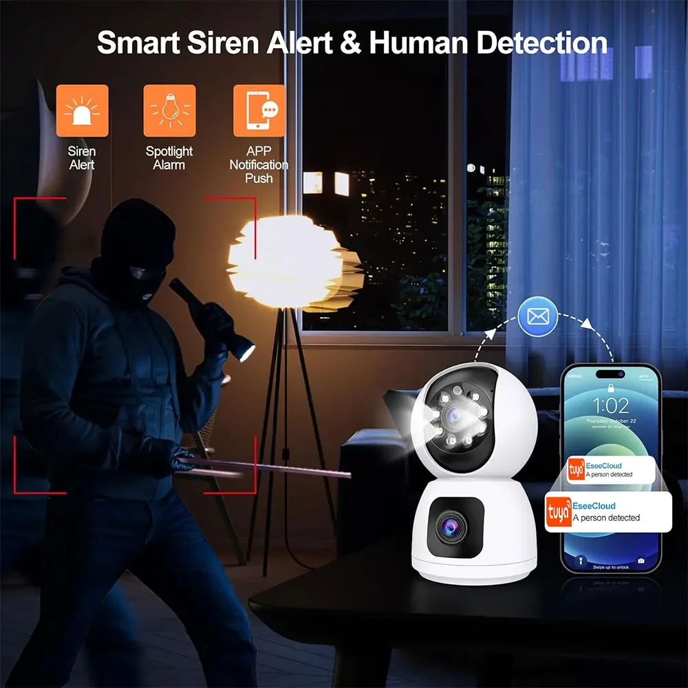 6MP Tuya 2.4G/5G Dual Band WiFi Camera, 4K HD PTZ Dual Lens Indoor Camera with Auto Tracking & Dual Screen Security Surveillance