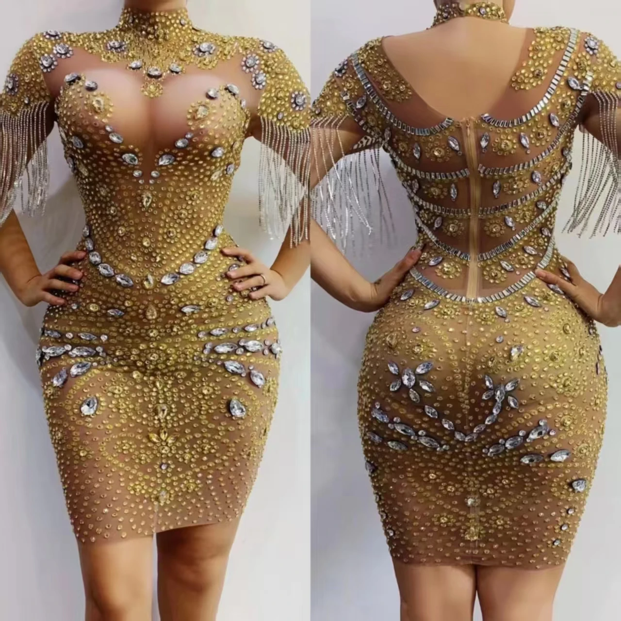 Body Sexy en maille avec gros cristaux brillants, franges en strass scintillants, tenue de soirée en boîte de nuit, spectacle sur scène de chanteur