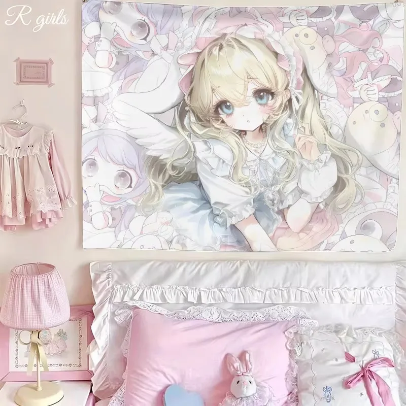 Kawaii Anime Beautiful Girl Vintage Tapestry, Ins Style Lolita JK Wall Hanging Aesthetic Atmosphere Girls Bedroom Decor