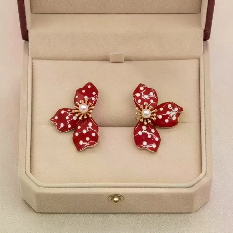 Orange Polka Dot Flower Stud Earrings: Faux Pearl Center Gold Edged Design Daily Wear Vacations Parties