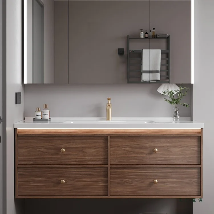 #Middle Ancient Style Ceramic Integrated Basin Bathroom Cabinet Combination Bathroom Walnut Color Hand Wash Basin Cabinet Wash